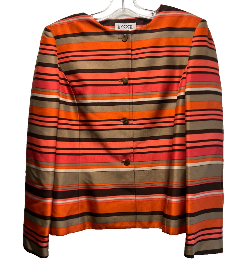 Kasper Size 14 Orange Striped 100% Silk Women Blazer Button Jacket
